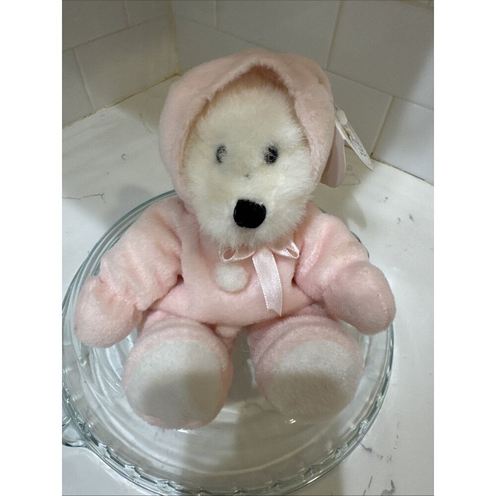Animal Adventure Stuffed Plush White Bear in a Bunny Pink Suit VTG